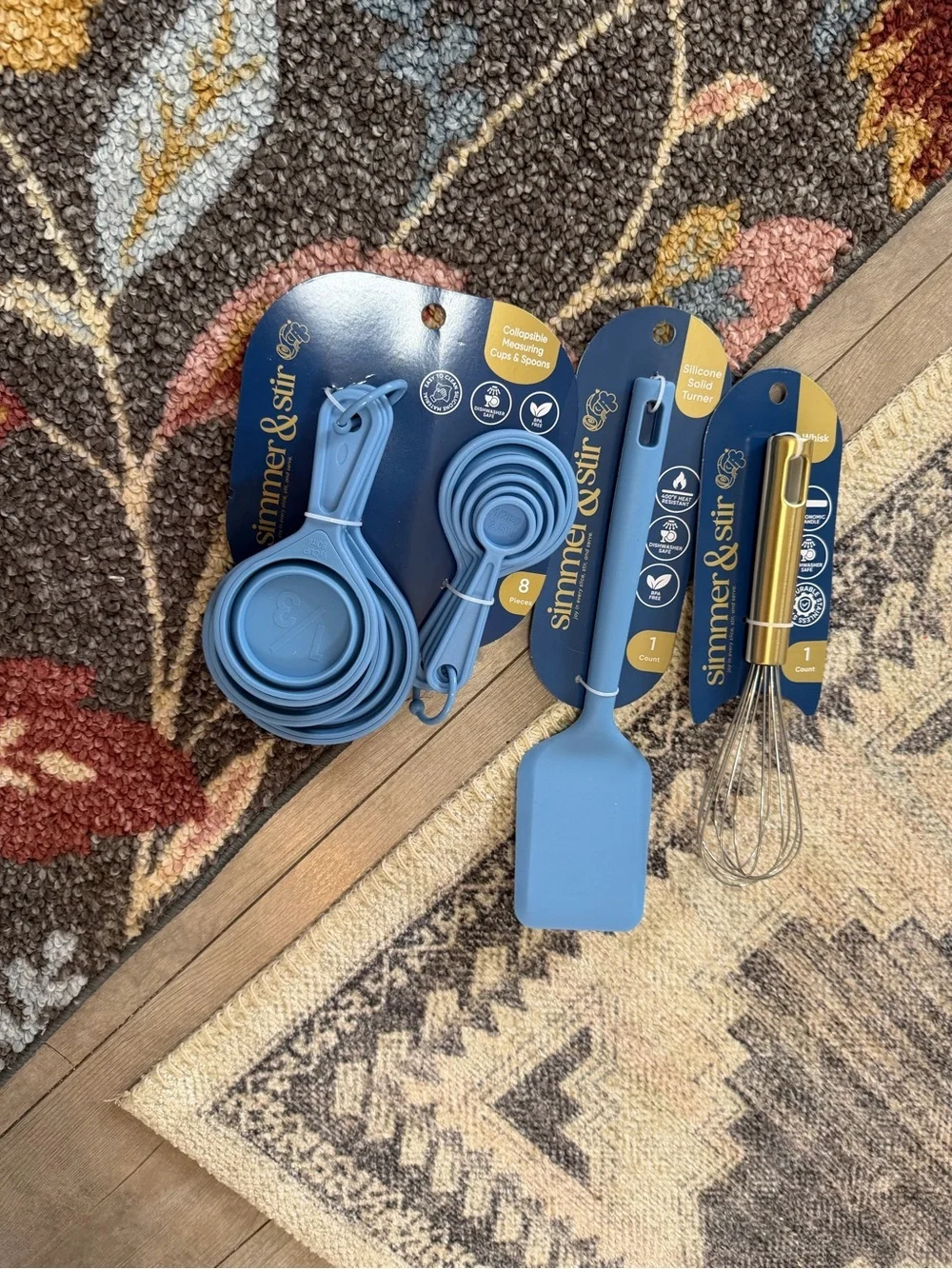 New Kitchen Essentials - Blue Silicone Measuring Cups, Spoons Whisk & Spatula